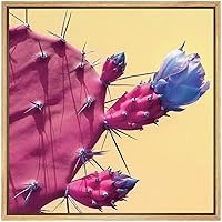 SIGNWIN Framed Canvas Wall Art Pink Santa Rita Tubac Prickly Pear Cactus with Blue Flower Botanical Succulent Photography Realism Modern Closeup Fun for Living Room, Bedroom, Office - 16x16 inches
