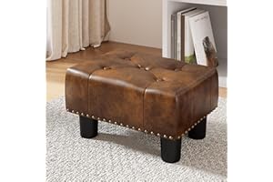 LUE BONA Small Tufted Foot Stool, Yellowish Brown Rivet Faux Leather Footrest with Plastic Legs, 9''H, Rectangle Foot Stools for Adult with Non-Slip Pads, Sofa Footstool for Living Room, Couch