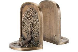 CRAFTSMAN ROAD Tree of Life Bookends, Antique Brass, 2 Decorative Bookends for Shelves or Bookcase, Cast Iron, Non-Skid Heavy