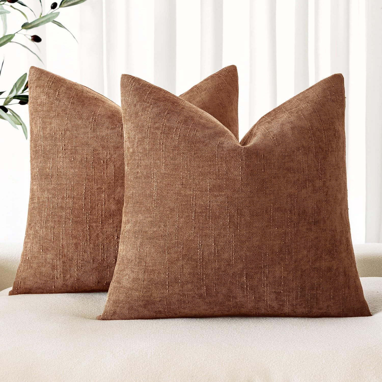 Photo 1 of MIULEE Pack of 2 Decorative Throw Pillow Covers Soft Chenille Throw Pillows Solid Neutral Farmhouse Textured Cushion Covers Morden Home Decor for Couch Sofa Bedroom Living Room 20x20 Inch,Pecan Brown