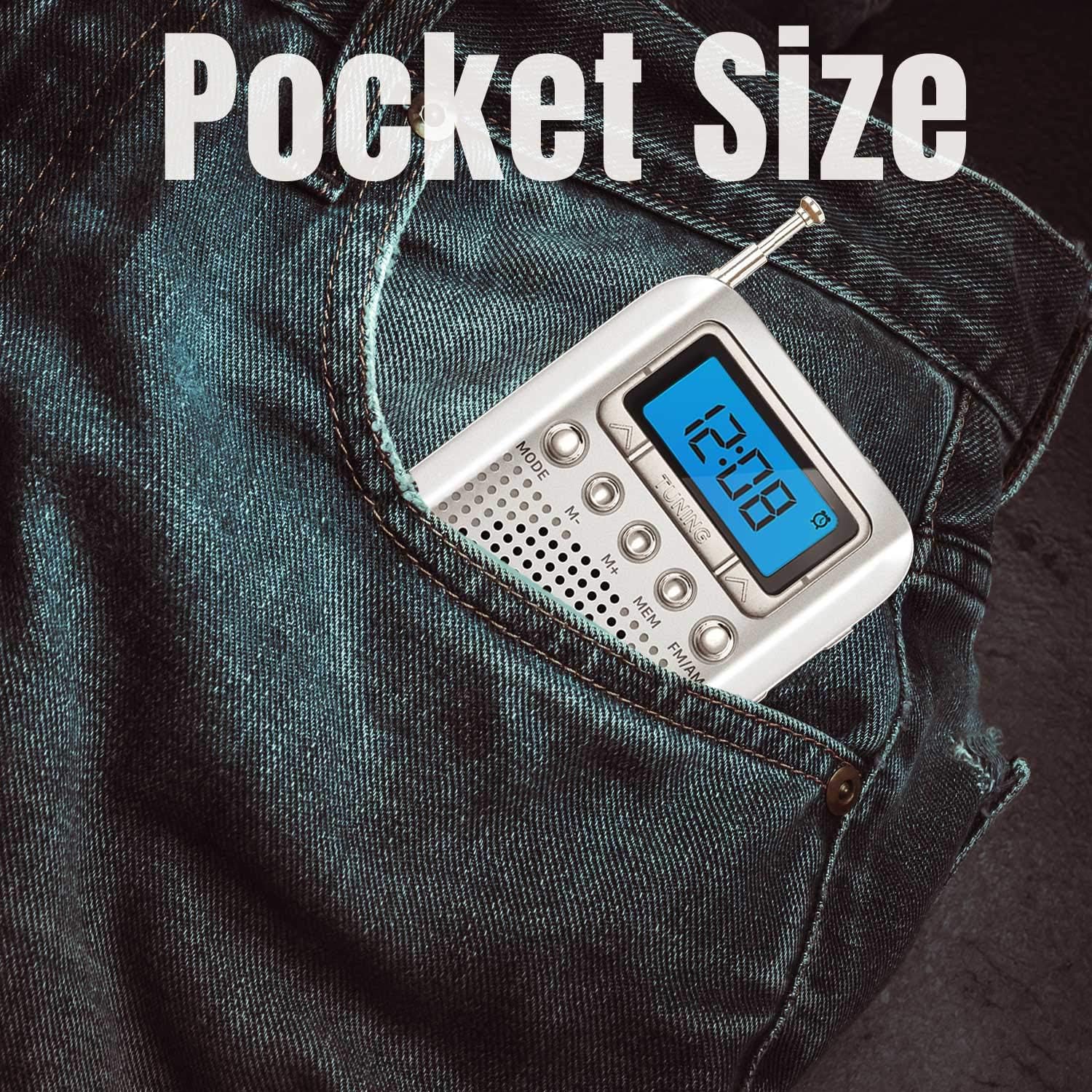 Digital AM FM Portable Pocket Radio with Alarm Clock- Best Reception and Longest Lasting. AM FM Compact Radio Player Operated by 2 AAA Battery, Stereo Headphone Socket (Silver), by Vondior: Electronics