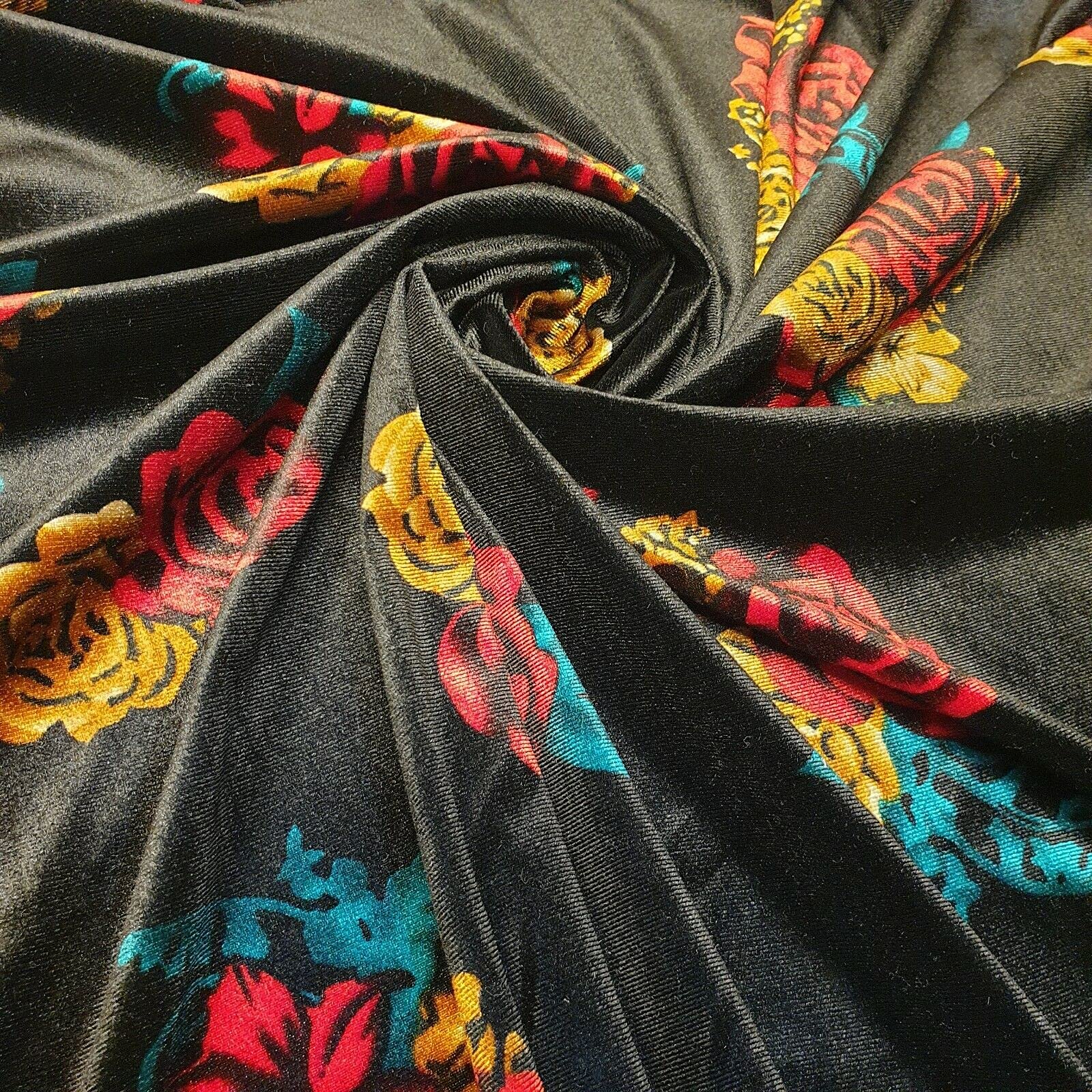 Luxurious Plain & Printed Soft Stretch Velvet Fabric – Premium Dressmaking, Upholstery & Home Décor Material | 58" (150cm) Wide | Sold in Pre-Cut Lengths (Navy Rose Print, 1 Meter)