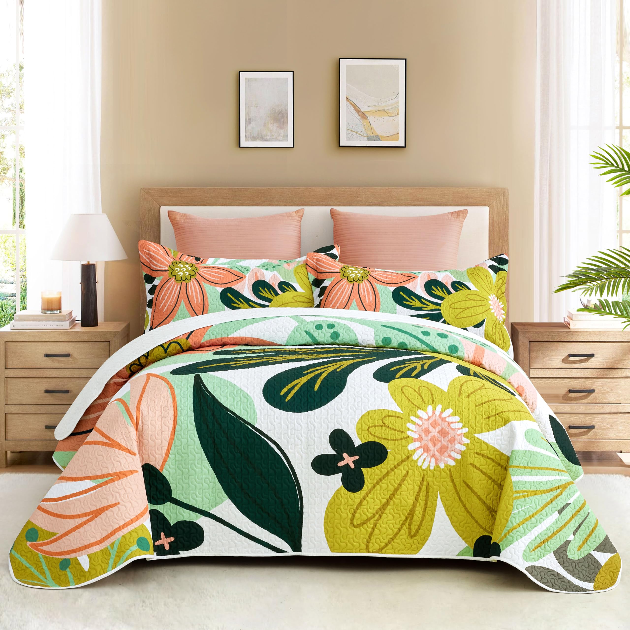 Photo 1 of Tyrot 3 Piece Boho Floral King Size Quilt Sets Farmhouse Reversible Lightweight Bedspread Coverlet with 2 Shams Mid Century Botanical Leaves Microfiber Bedding Quilts Set for All Season, 106''x96''