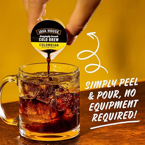 JAVA HOUSE MEDIUM ROAST COLOMBIAN COLD BREW PODS, (12 COUNT) PEEL AND POUR PODS HOT OR ICED INSTANT COFFEE CONCENTRATE