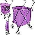 Wellmax WM99100 Series Folding Shopping Cart with Wheels, Grocery Cart with Removable Canvas with Cover, Lightweight Utility Cart for Groceries and Laundry - Holds up to 120 lbs (Purple)