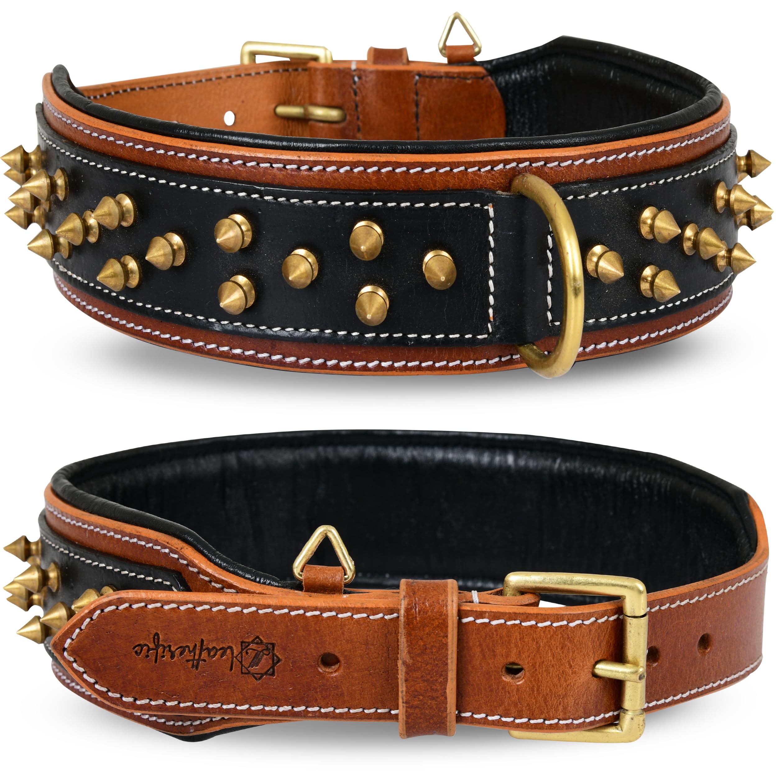 Photo 1 of Genuine Leather Dog Collar by Leatherific, Premium Bridle Leather, Heavy Duty, Padded, Strong, Screwed Spikes, Medium, Large, Extra Large Breeds, 2" Wide (Charcoal, Neck Size 14"-18")