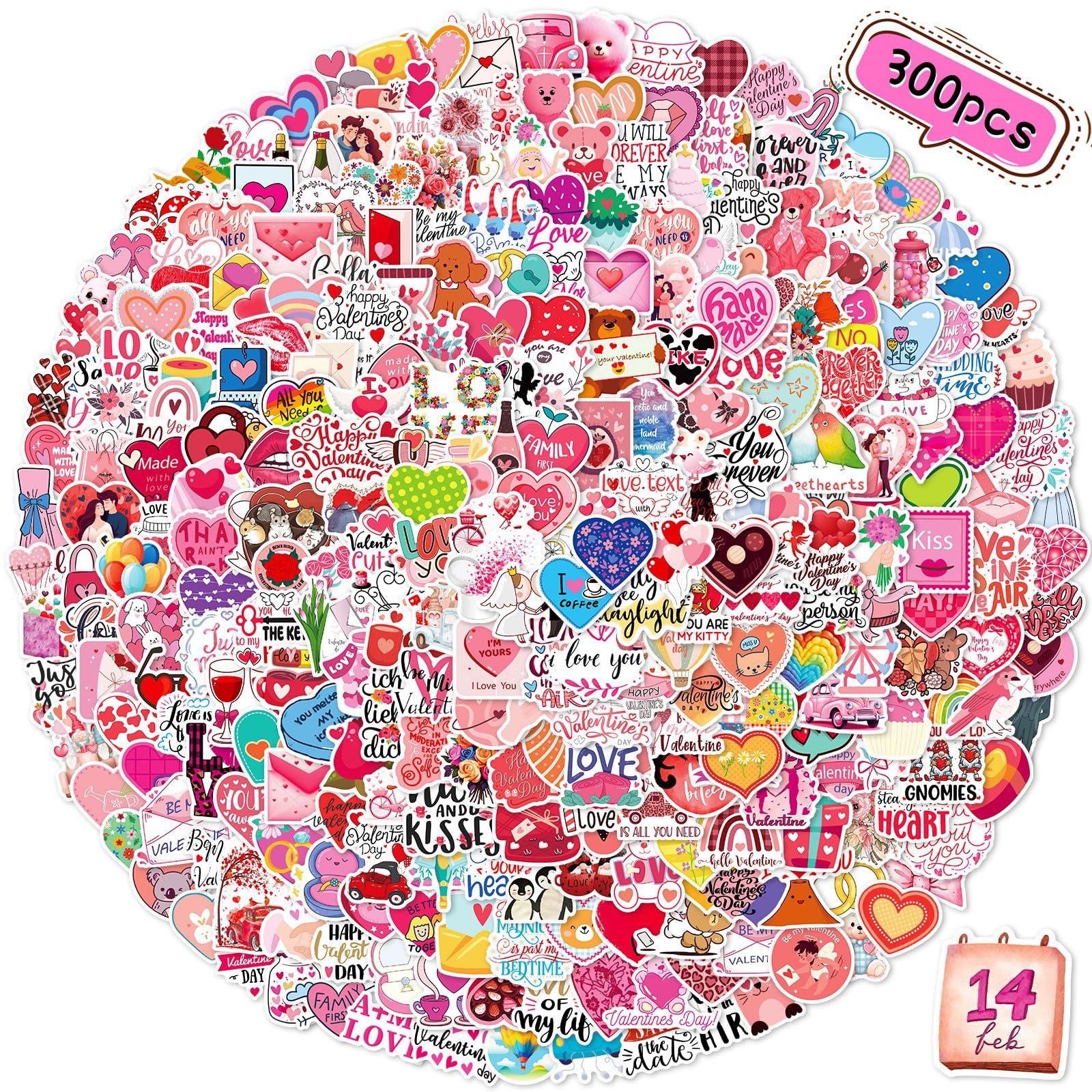 Photo 1 of 300 Valentines Day Stickers - No Repeats! for Adults & Kids, Waterproof Matte Finish - Perfect for Cards, Journals, Gifts, Scrapbooking, Planners, Game Party Favors (300 Pink)