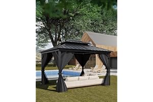 KYBOLT 12x14 Ft Hardtop Gazebos with Heavy Duty Double Roof, Nettings and Curtains Galvanized Steel Outdoor Gazebos for Patio, Backyard, Deck, Lawn (Grey)