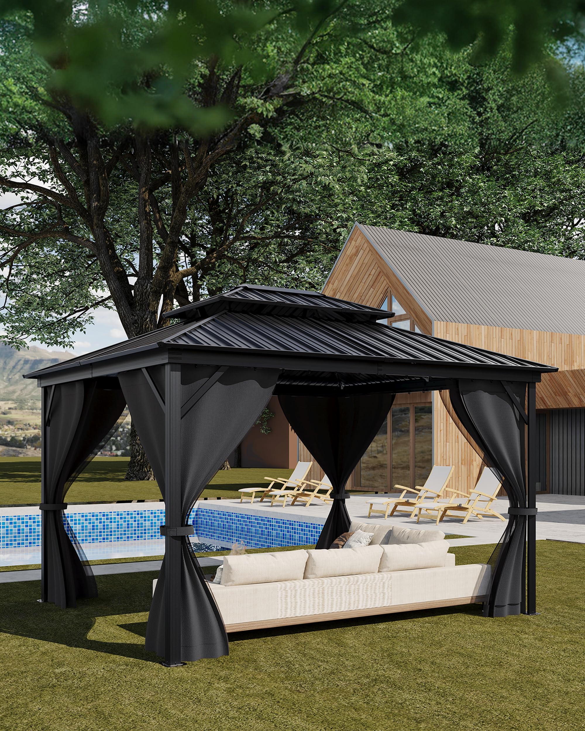 Photo 1 of KYBOLT 12x14 Ft Hardtop Gazebos with Heavy Duty Double Roof, Nettings and Curtains Galvanized Steel Outdoor Gazebos for Patio, Backyard, Deck, Lawn (Grey)