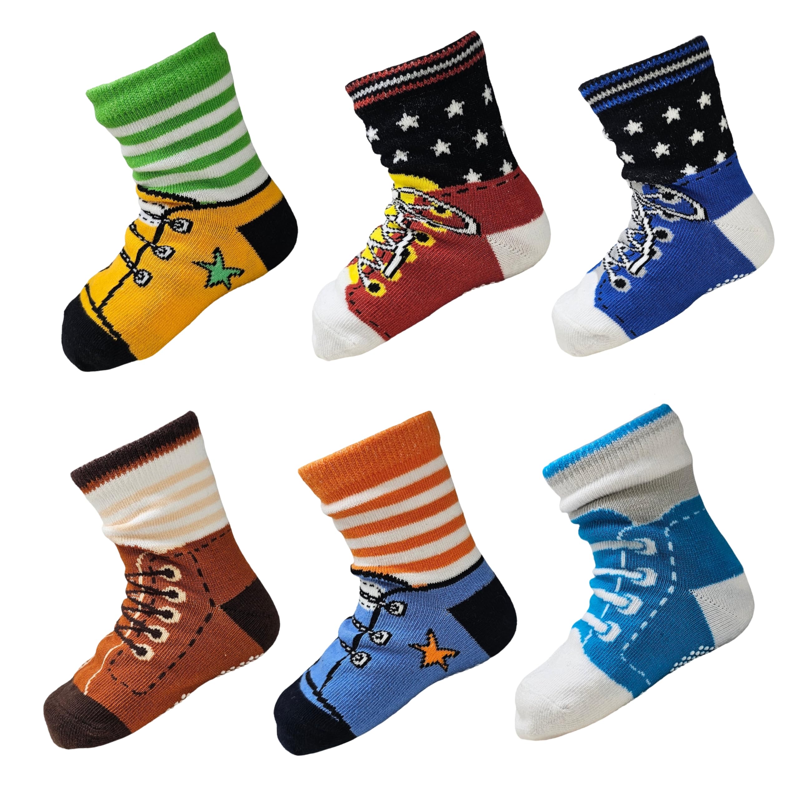 Boys Toddlers Kids 6-pack Funky Graphic II NON SKID Shoe-like Socks - AGE 1 2 3 (9-15cm)