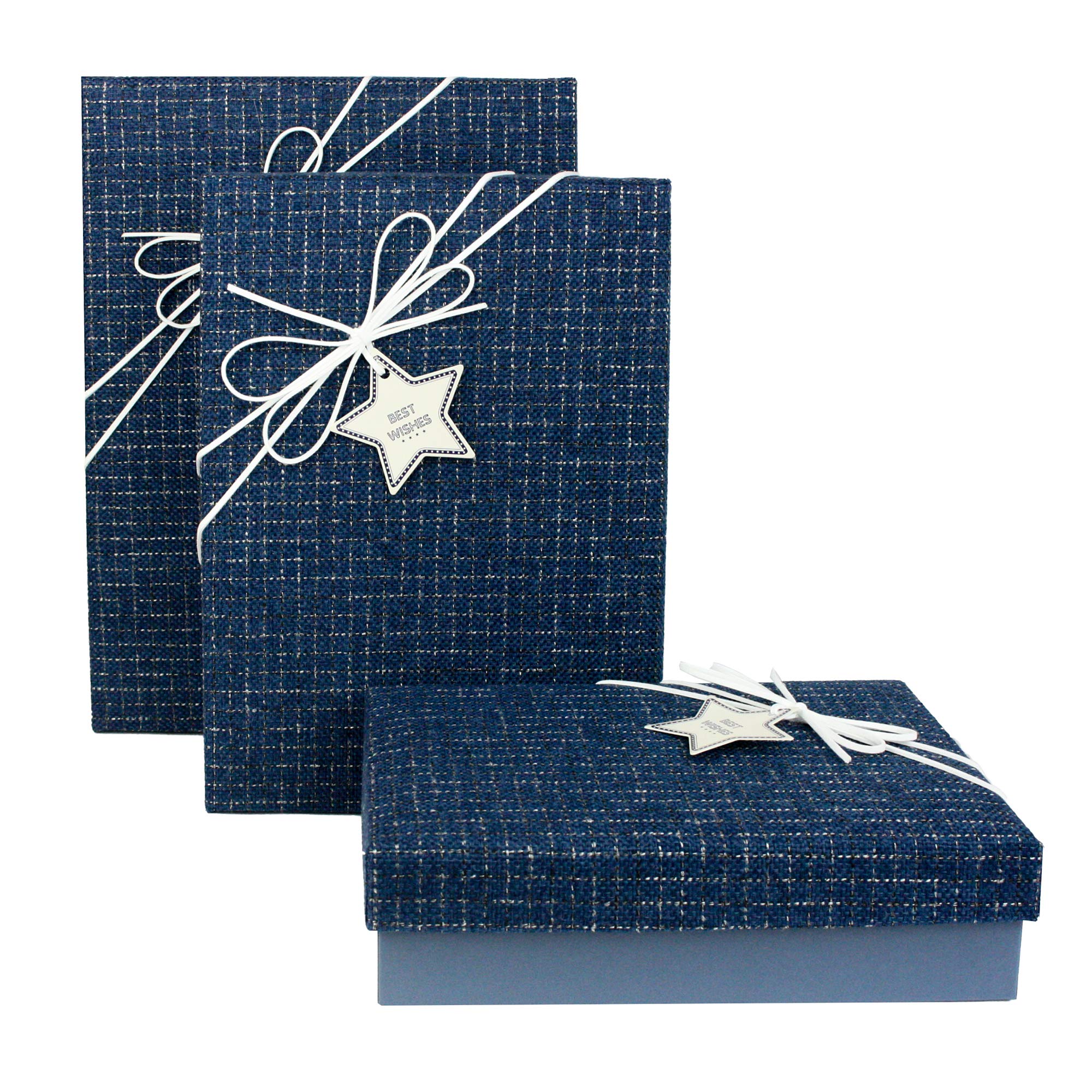 Emartbuy Set of 3 Rigid Luxury Rectangle Shaped Presentation Gift Box, Blue Box with Textured Fabric Blue Lid, Chocolate Brown Interior and Suede Decorative Ribbon — image 1