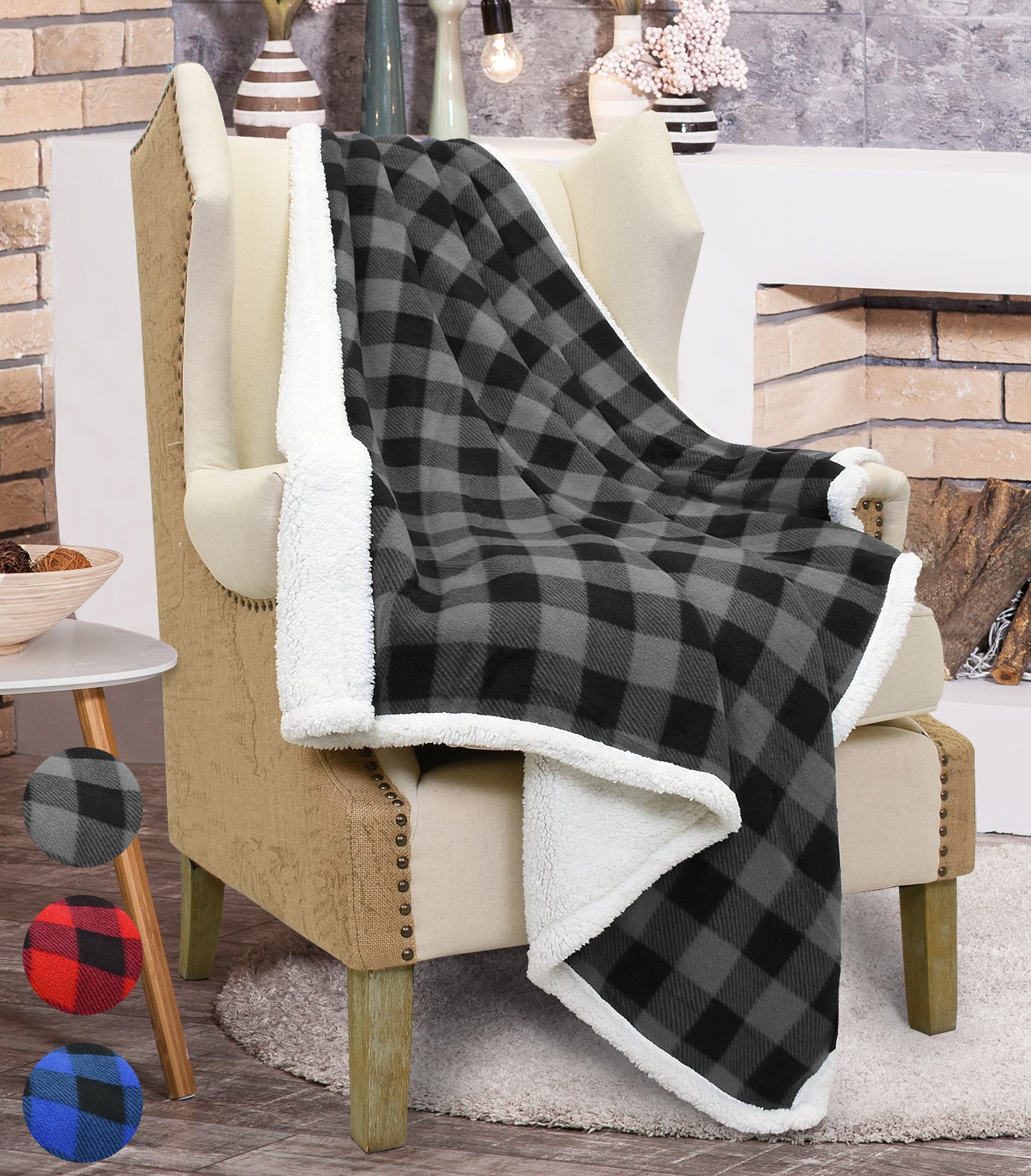 Sherpa Throw Blanket, Luxury Reversible Cozy Fleece Blanket, Warm Super Soft Comfort Caring Gift for Children and Adult, 152cm x 127cm, Black Plaid by Catalonia