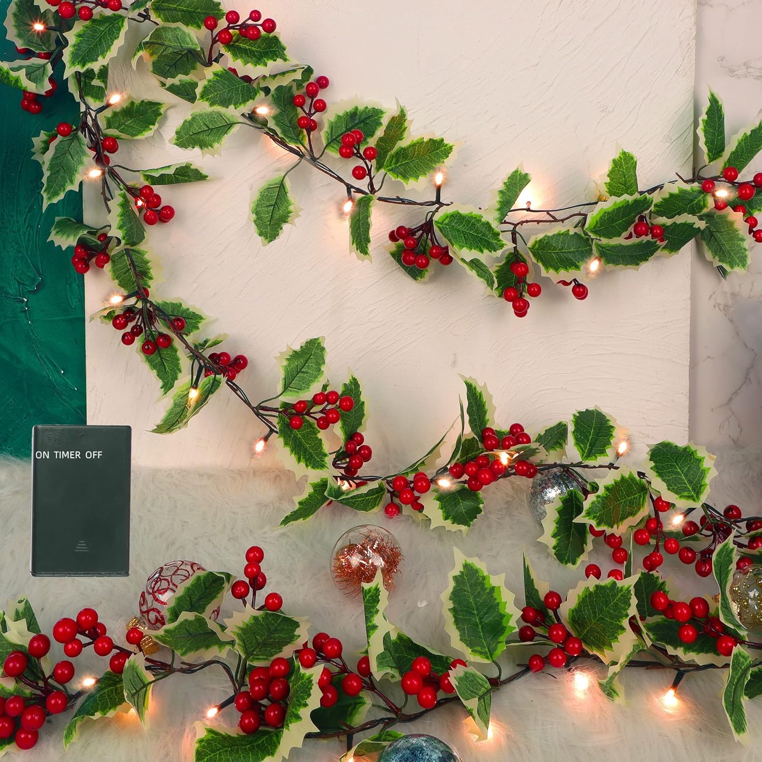 Wreaths, Garlands & Swags - Juegoal Christmas Garland, 9FT Pre-lit Red Berries & Holly Leaves Garlands, Artificial Lighted Berry Garland Battery Operated with Timer, Indoor Outdoor Xmas Fireplace Gate Home Winter New Year Decor