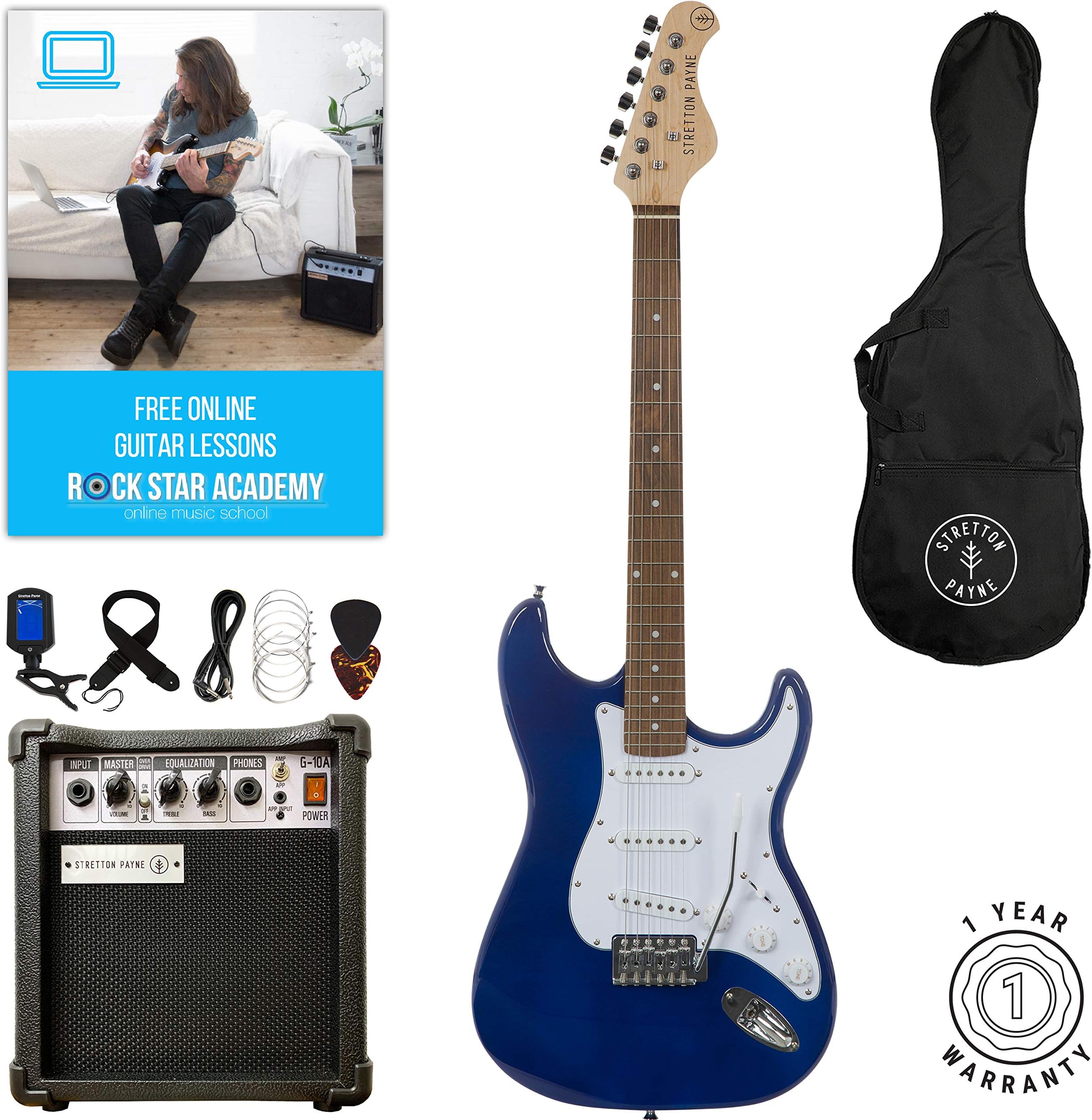 Stretton Payne ST Electric Guitar Package with practice amp, padded bag, strap, lead, plectrum, tuner, spare strings. Guitar in Blue