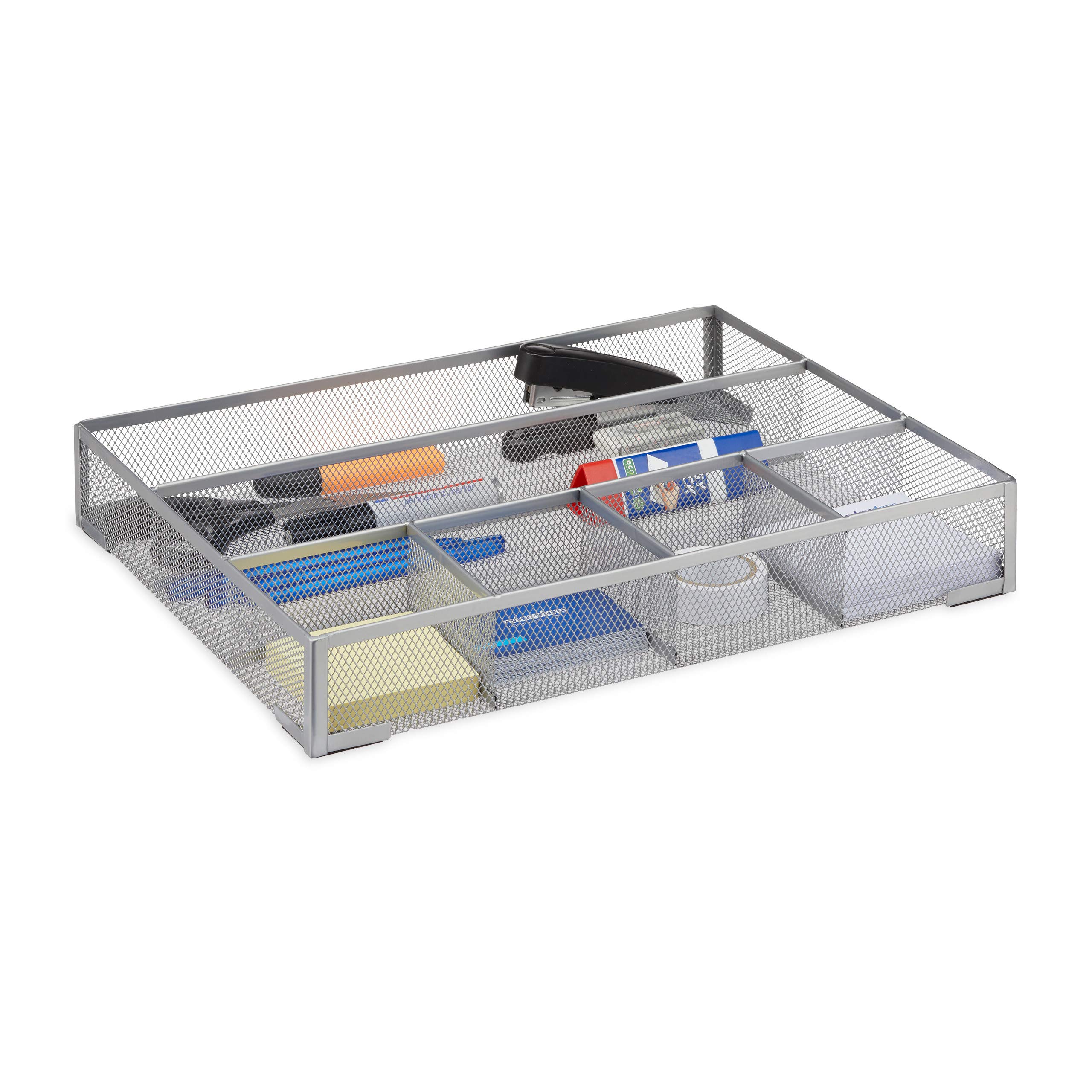 Relaxdays Desk Organiser, Non-Slip Drawer Insert with 6 Compartments, Metal Mesh, HWD: 6x38x30 cm, Silver