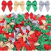 Syhood 150 Pcs Christmas Mini Bow Tiny Twist Tie Handmade Craft Ribbon Bow Hair Small Holiday Ribbon Craft Supply for DIY Sewing Party Decor (Gold, Silver, Red, Green)