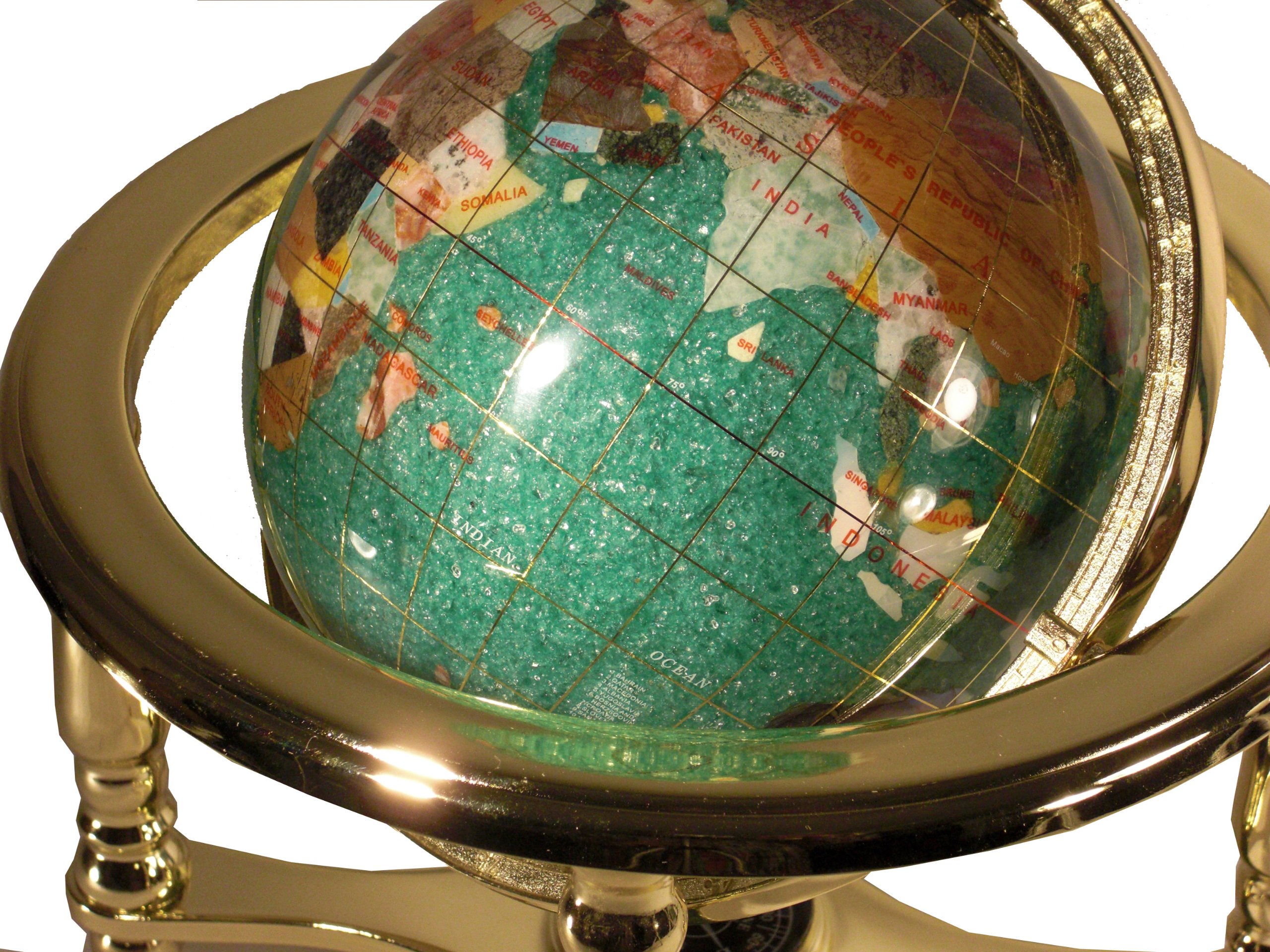 Unique Art 10-Inch Tall Table Top Green Crystallite Ocean Gemstone World Globe with Gold Four Leg Stand
