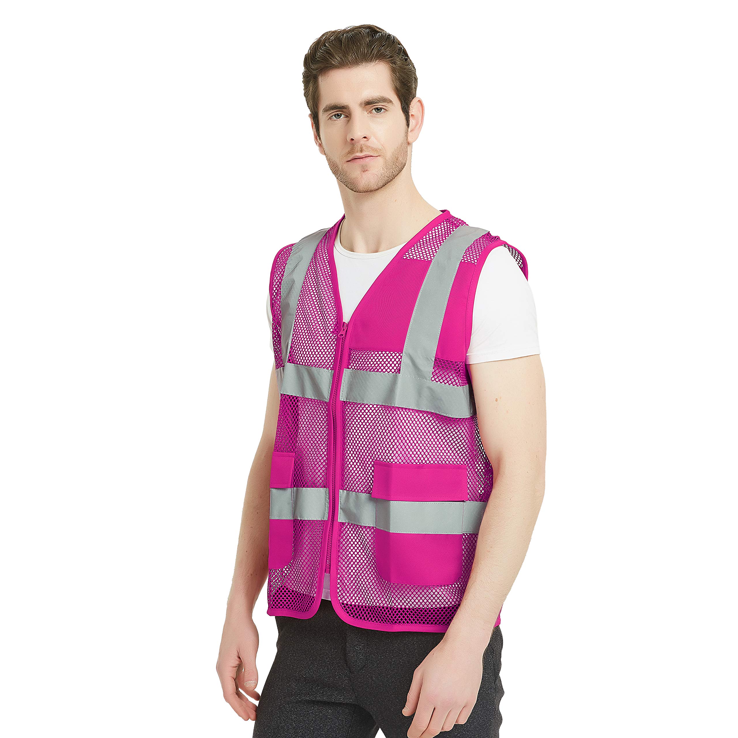 GOGO Unisex US Big Mesh Volunteer Vest Zipper Front Safety Vest with Reflective Strips and Pockets-Hot Pink-US XL