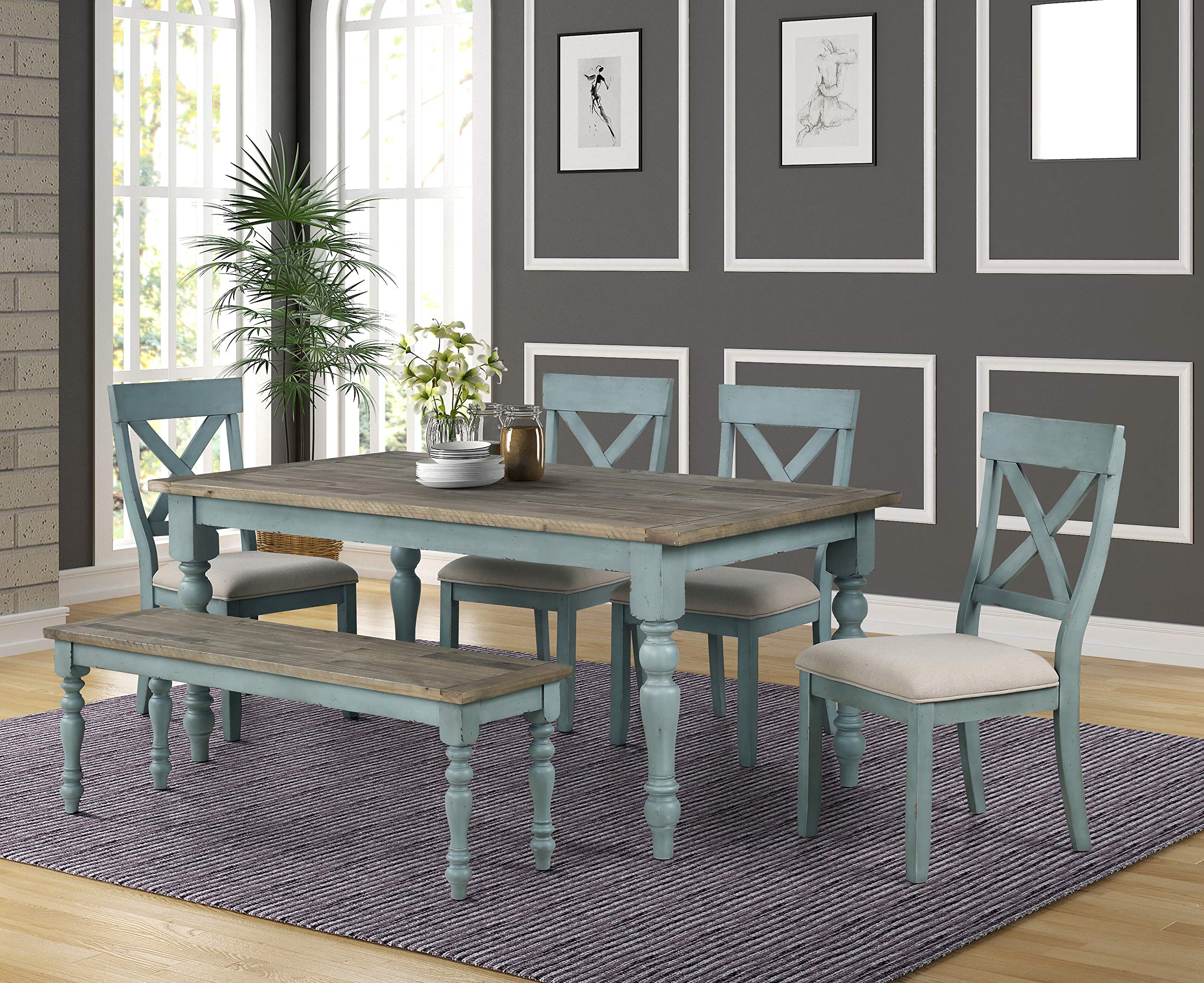 Photo 1 of ***PARTIAL SET*** ***READ CLERK NOTES*** Roundhill Furniture Prato 6-Piece Dining Set, Dining Table with 4 Cross Back Chairs and Bench, Antique Blue and Distressed Walnut Finish