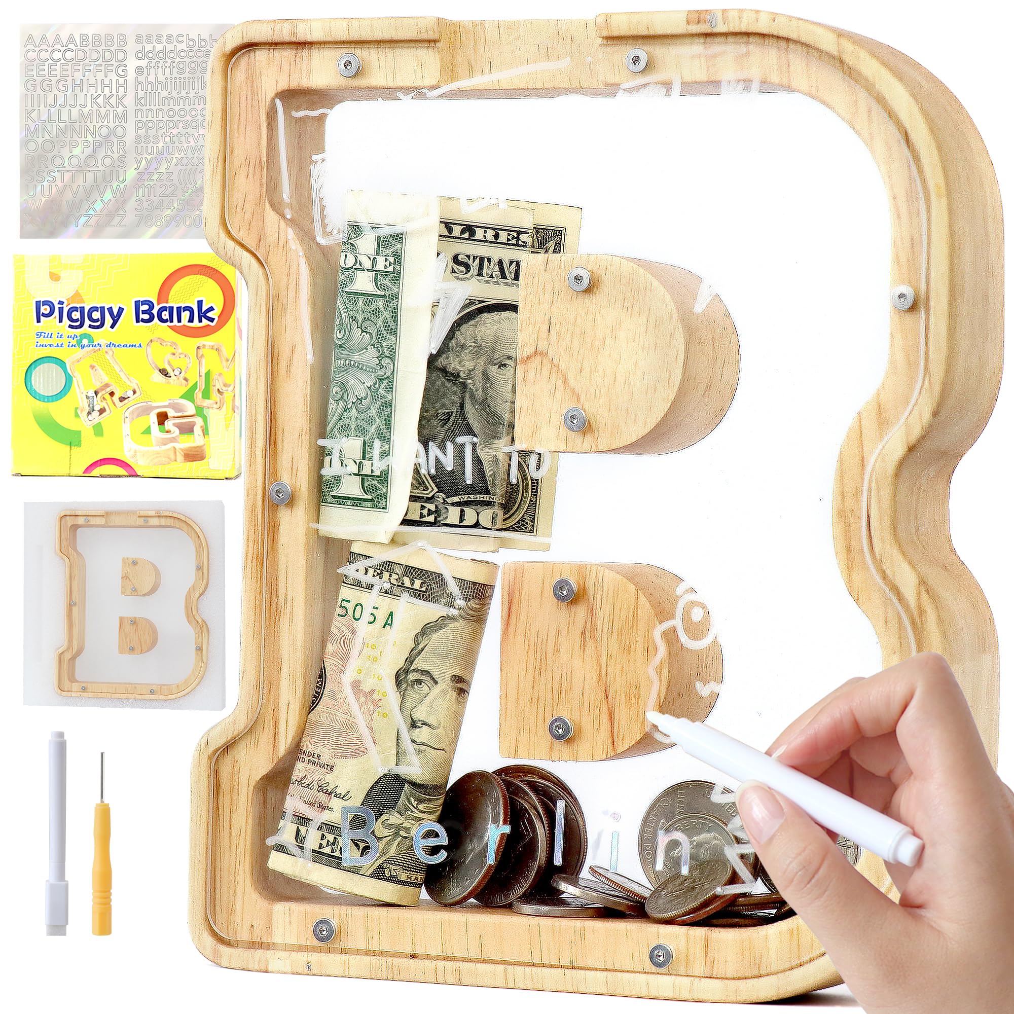 Mikytoper Letter Money Box for Kids Wooden Personalized A-Z Alphabet Piggy Bank Clear Money Bank Coin Bank for Gift Decoration Baptism (B)