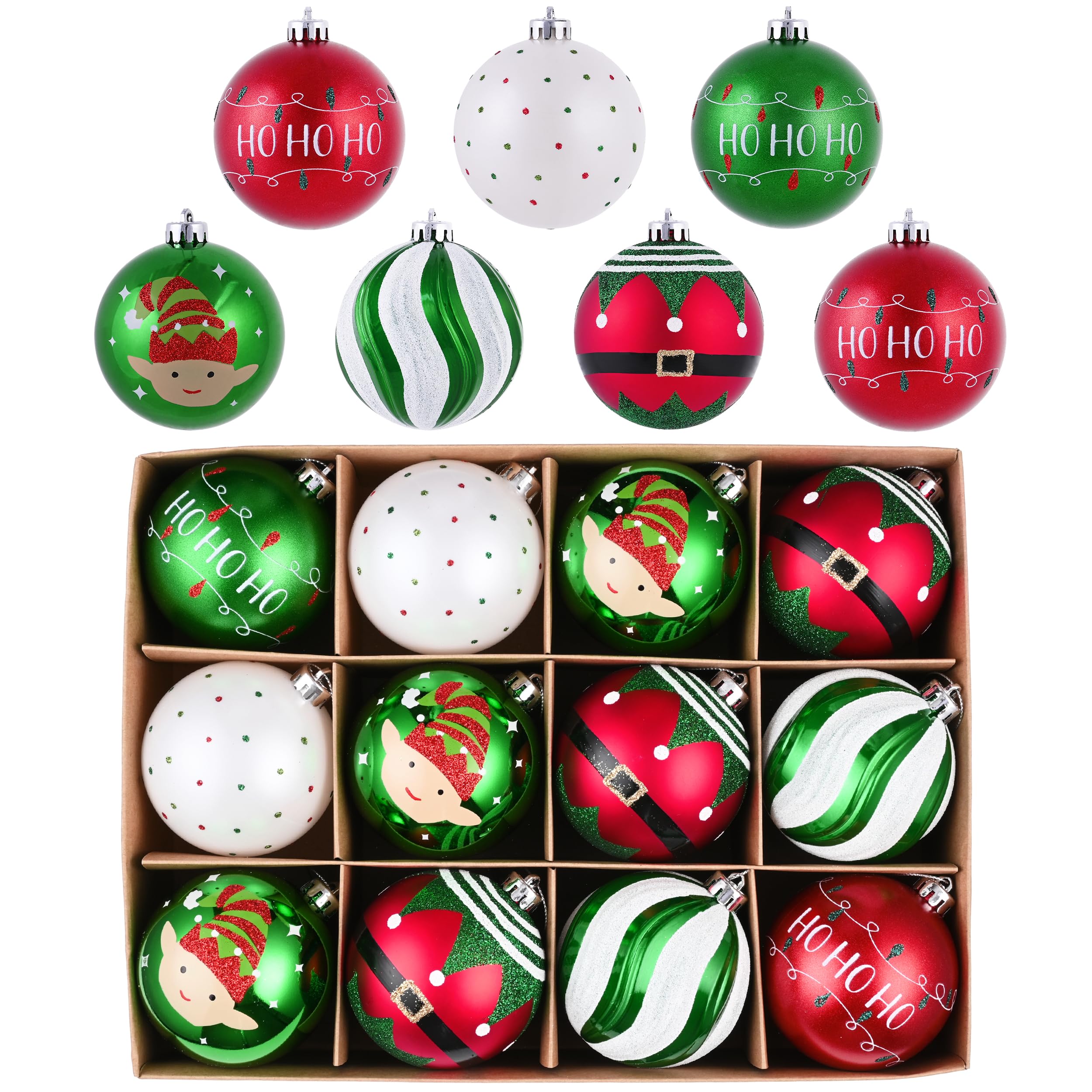 Victor's Workshop Christmas Tree Decorations 12pcs 8cm,Red Green and White Xmas Baubles Shatterproof Ball Ornaments Set