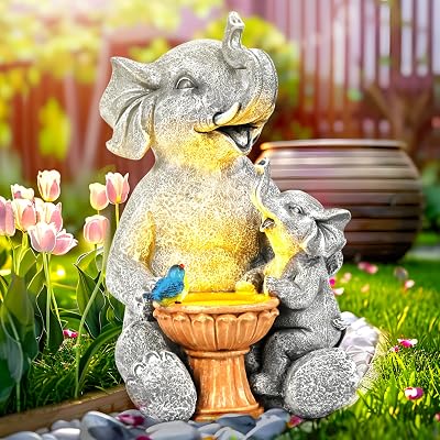 GIGALUMI Solar Garden Elephant Statue Mother Baby Figurine Lights Outdoor Decor