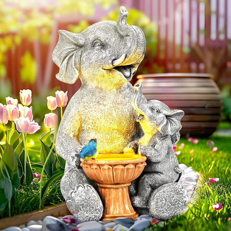 GIGALUMI Solar Garden Elephant Statue Mother Baby Figurine Lights Outdoor Decor
