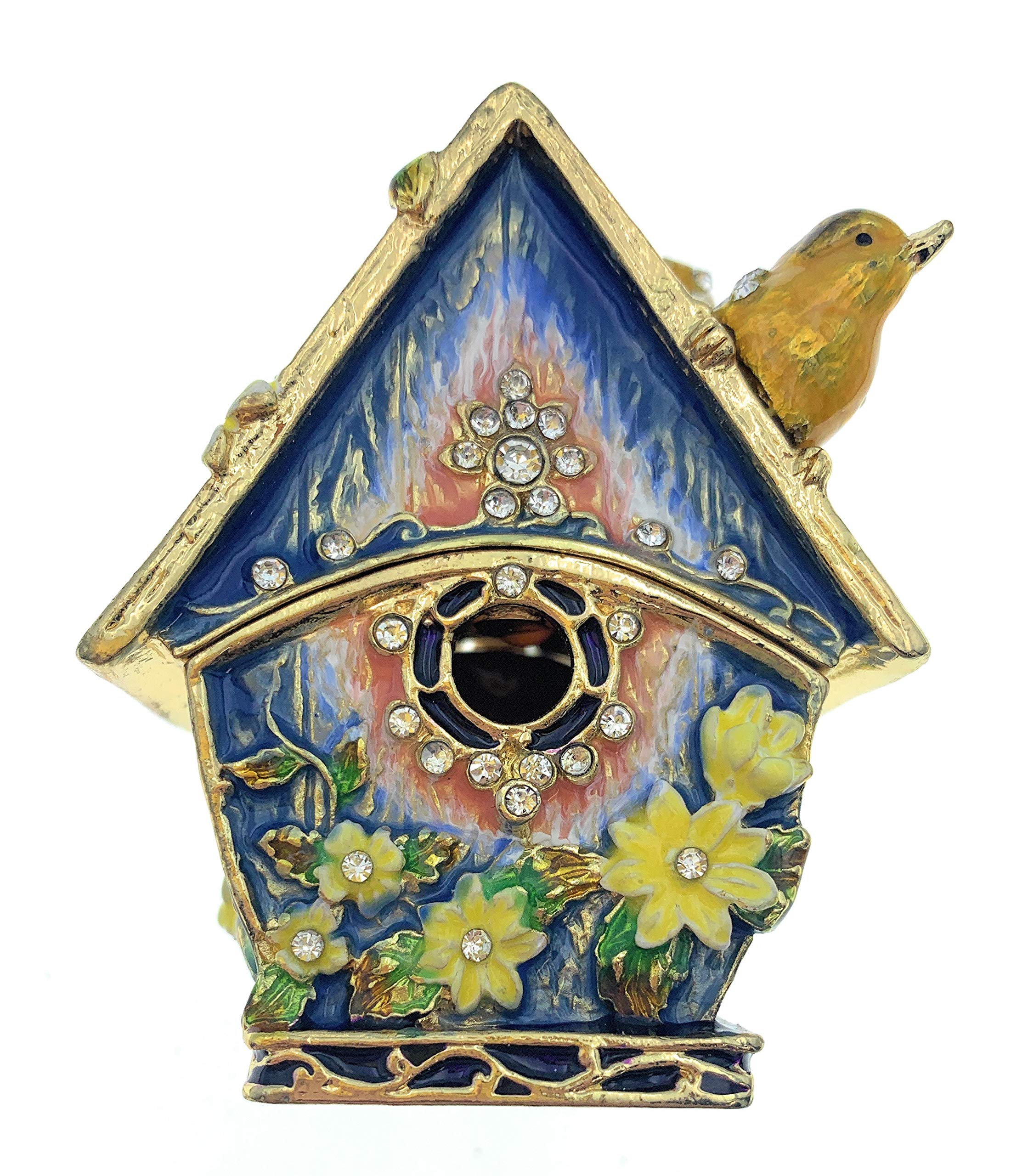 Kubla Crafts Floral Birdhouse With Finch Trinket Box, Accented with Austrian Crystals