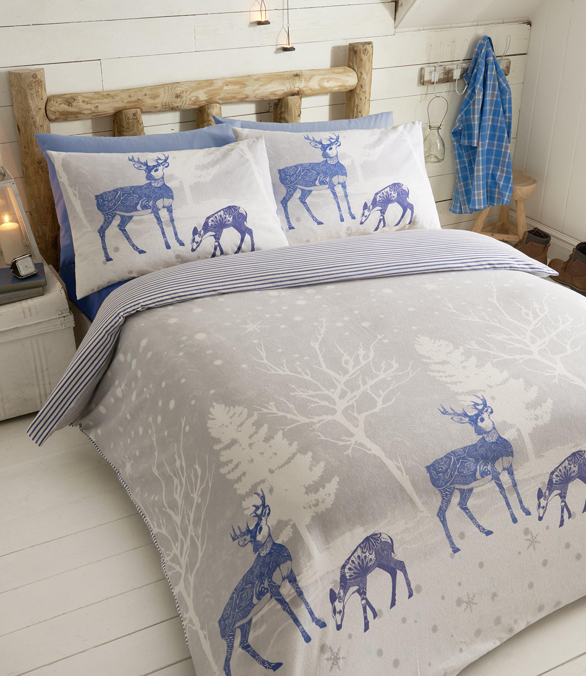 Brushed Cotton Flannelette Duvet Cover Sets Winter Stag Forest (King, Grey/Blue)