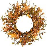 WreathDream 20'' Fall Wreath Autumn Wreath for Front Door with Small Pumpkins and Oak Leaves for Thanksgiving Halloween Home