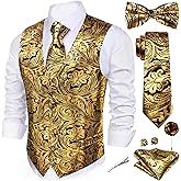 Barry.Wang Mens Vest Tie BowTie Set Shiny Floral Suit Vests Necktie Cufflinks Hanky Formal Waistcoat Wedding Party Disco 7PCS