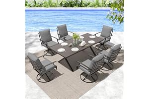 Gotland 7 Piece Outdoor Dining Table and Chairs for 6, Patio Swivel Dining Chairs for 6, Rectangular Patio Dining Table with Umbrella Hole, Lawn Garden Outdoor Table and Chairs