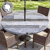Farmhouse Round Outdoor Fitted Tablecloth with Umbrella Hole Waterproof Wipeable Round Table Cloth Zippered Patio Table Covers for Picnic,Patio,Garden (Brown, 36"-44")