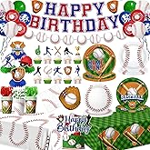 Baseball Party Decorations ,210Pcs Baseball Birthday Party Pack include Baseball Birthday Plates and Napkins, Cake Topper Banner, Large Sport Themed Tablecloth for Boy Party Supplies
