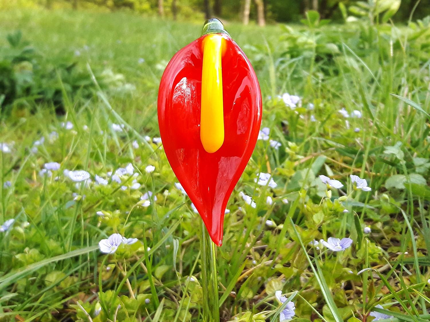 Figurines Handmade Products Red Glass Flowers Figurine Blown Red Flower Sculpture Art Glass Flower Murano Long Stem Flower Garden Ornaments Decoration For Plants Gifts