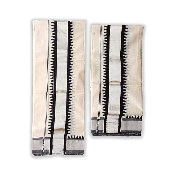 Women's Cotton Kasavu Temple Work Kerala Setmundu (Black and Silver)