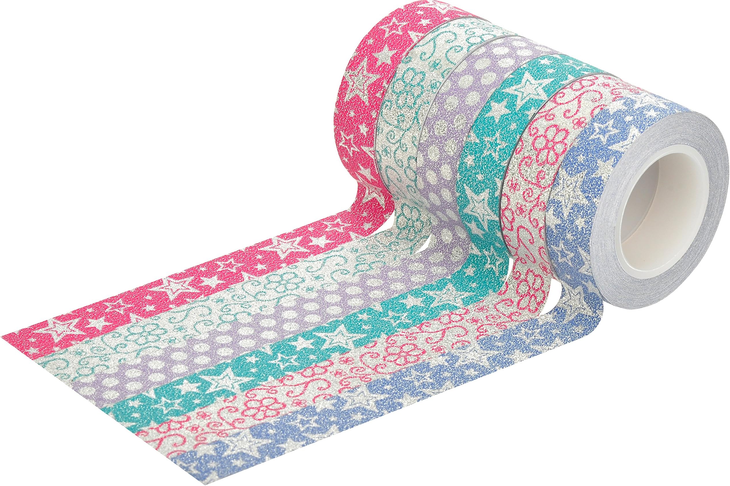 HIART Craft Decorative Glitter Masking Paper Tape (Set of 6), Hollywood Star Pop, 15mm by 5m Each
