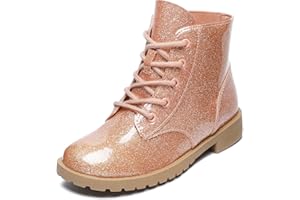 CCVON Girls Glitter Ankle Boots Side Zipper Combat Shoes with Lace Up for Toddler/Little Kid/Big Kid