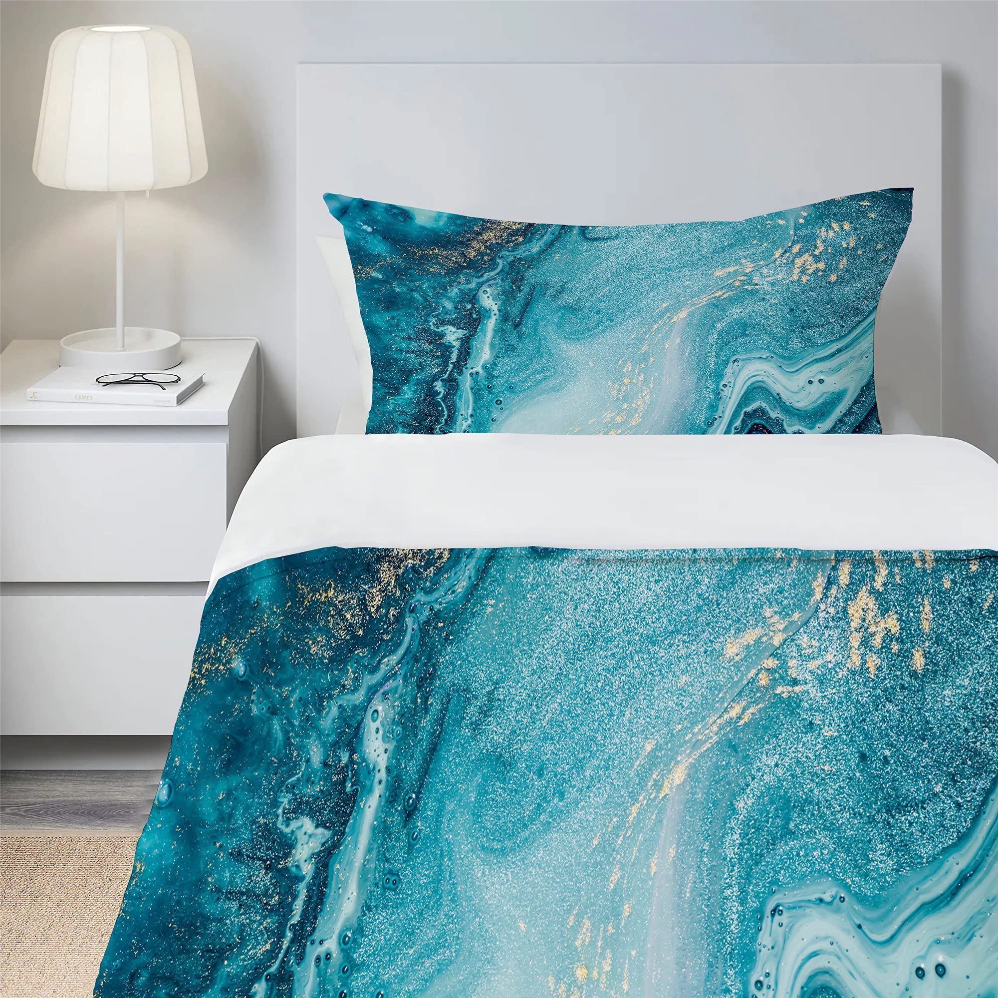 HOMHOMHA Blue Marble Duvet Cover Single Bedding Set 135x200 cm & PillowCase 50x75 cm - Super Soft Microfiber - Wrinkle & Stain Resistant - Easy Care Modern Bed Quilt Set (DLS01, Single)