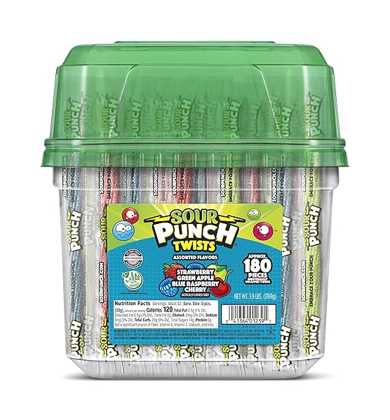 SOUR PUNCH TWISTS, 6″ INDIVIDUALLY WRAPPED SOFT & CHEWY CANDY TUB, 4 FRUIT FLAVORS, 62.4 OZ