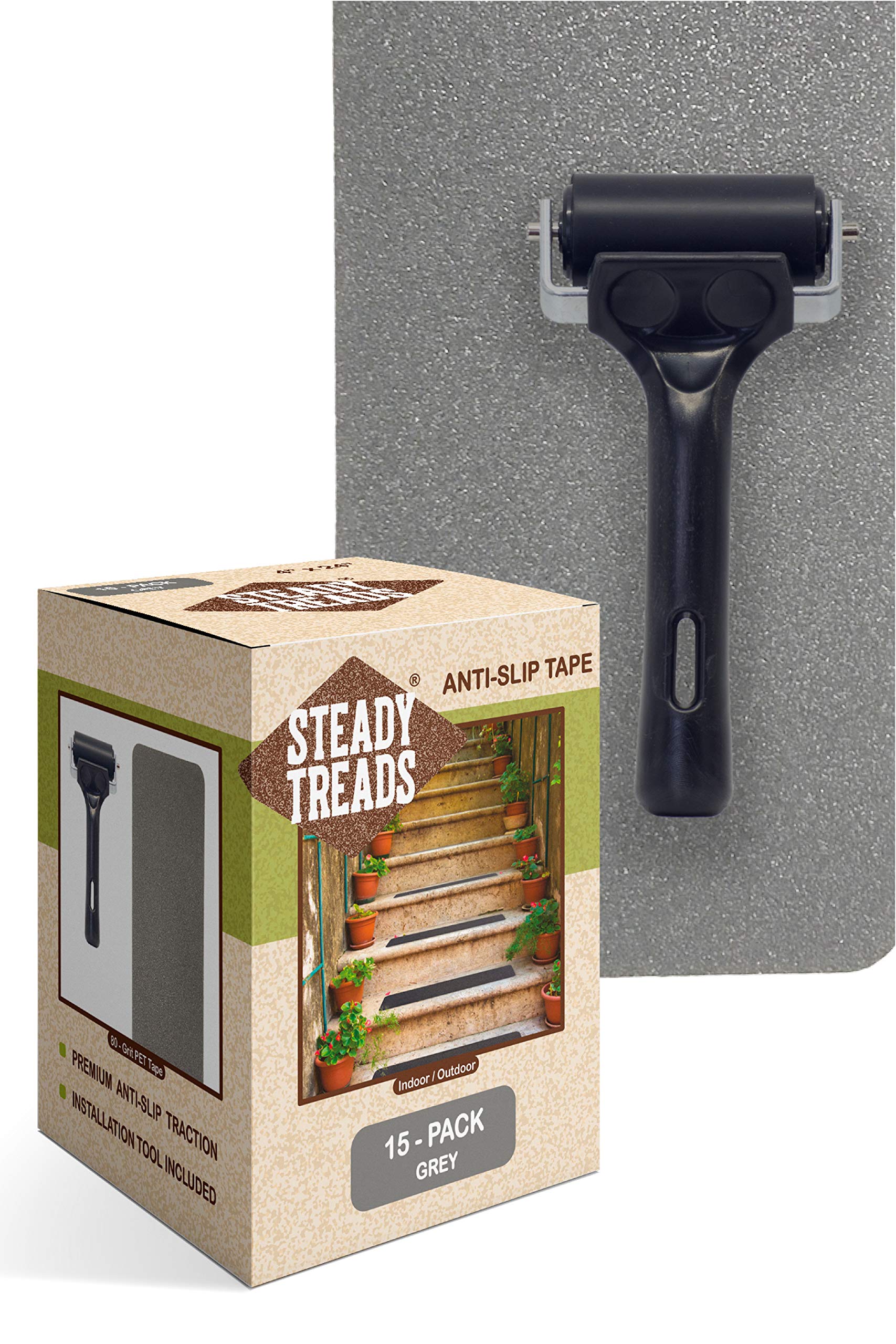 Steady Treads, Non-Slip Clear Rubberized, PVC-Free, Translucent Adhesive Stair Treads and Tape Roller, Non-Abrasive Steady Treads Installation Kit (15 Quantity - 4x24 Inch/Roller, Grey)