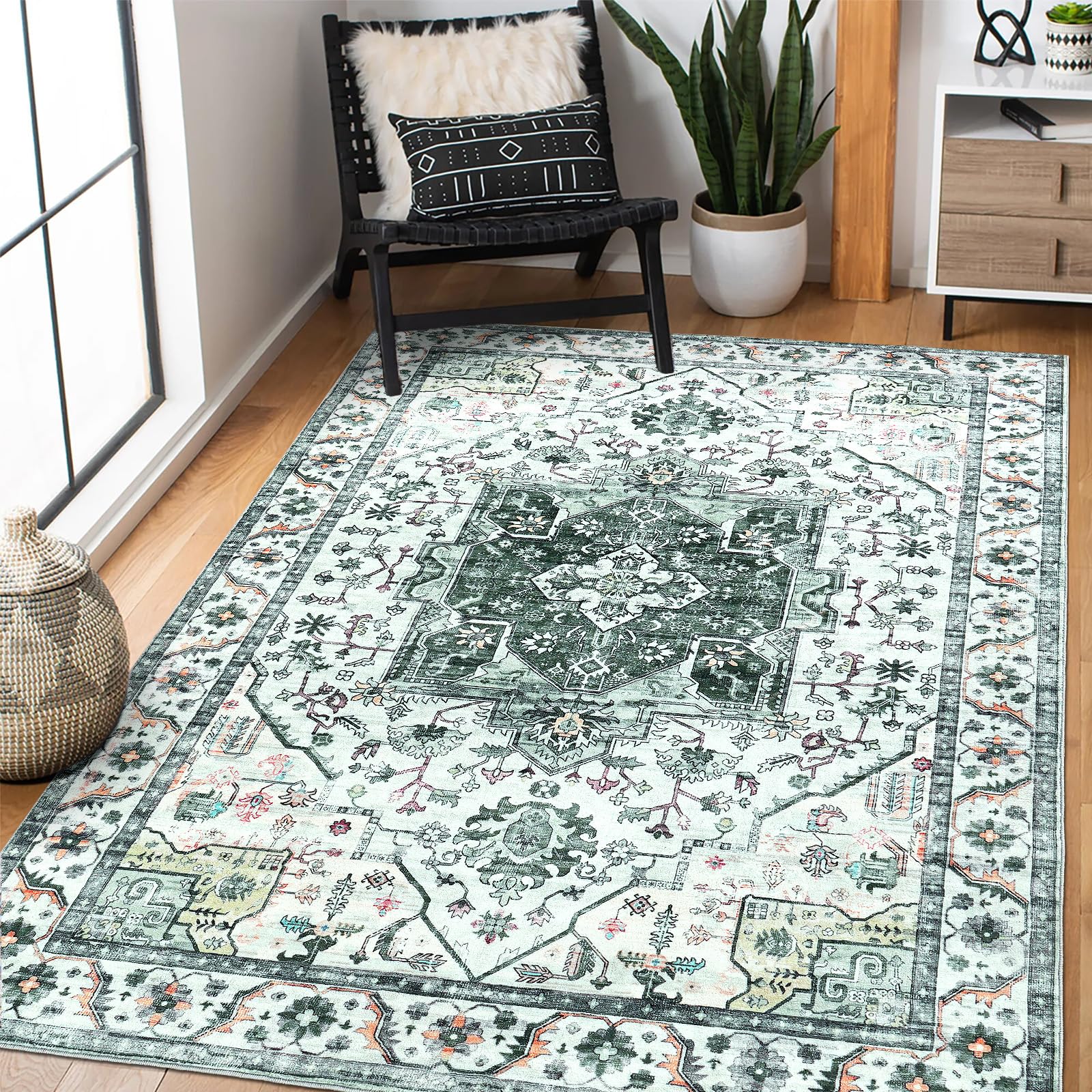 Photo 1 of XSIVOD Boho Area Rugs for Bedroom, 3x5 Washable Rugs for Kitchen Entryway, Non Slip Low Pile Living Room Carpet, Soft Vintage Small Carpet for Kids Room, Playroom, Dining Room, Dorm, Green
