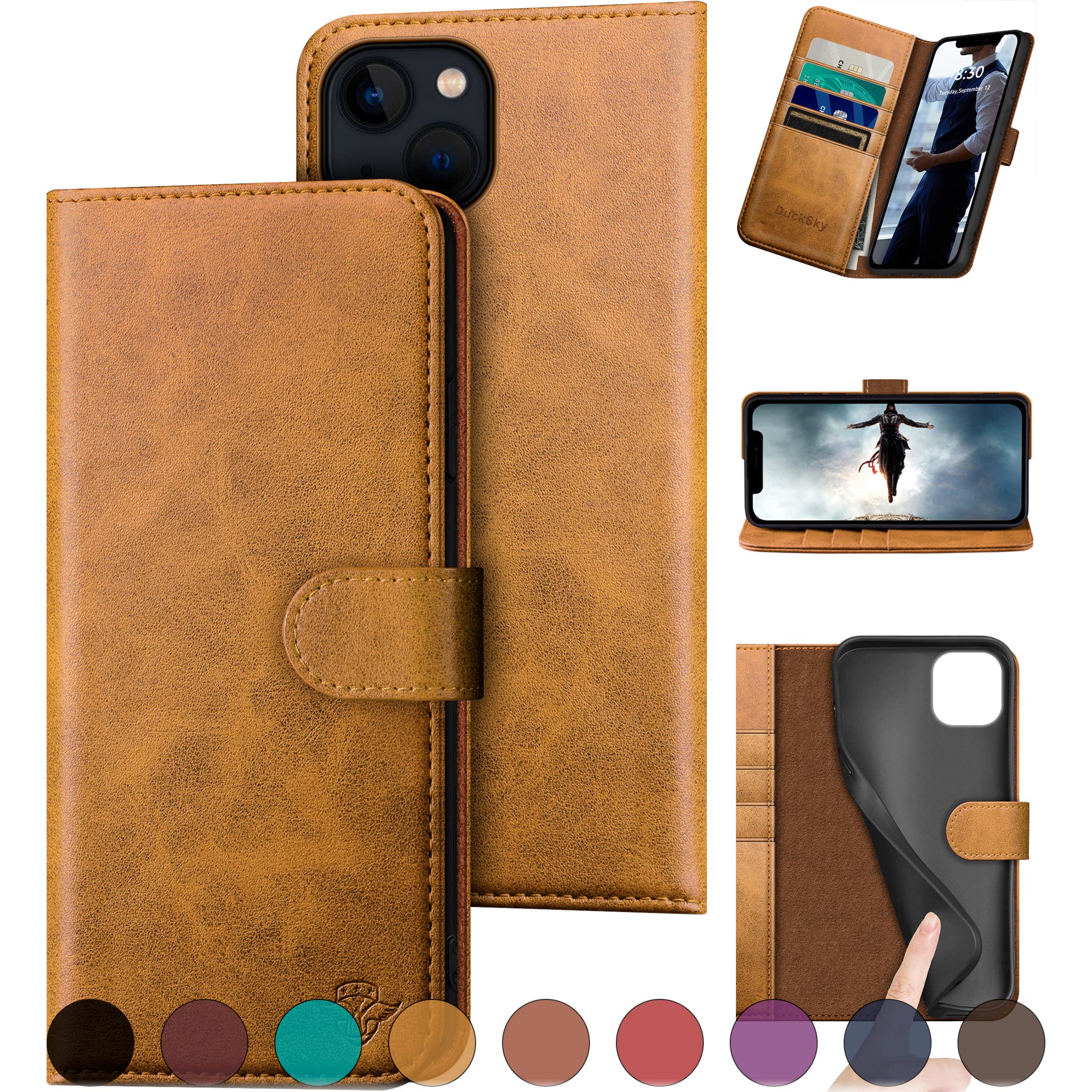 Photo 1 of DuckSky for iPhone 15 Plus 6.7" Genuine Leather Wallet case ?RFID Blocking??4 Credit Card Holder??Real Leather? Flip Folio Book Phone case Protective Cover Women Men for Apple 15 Plus case Khaki