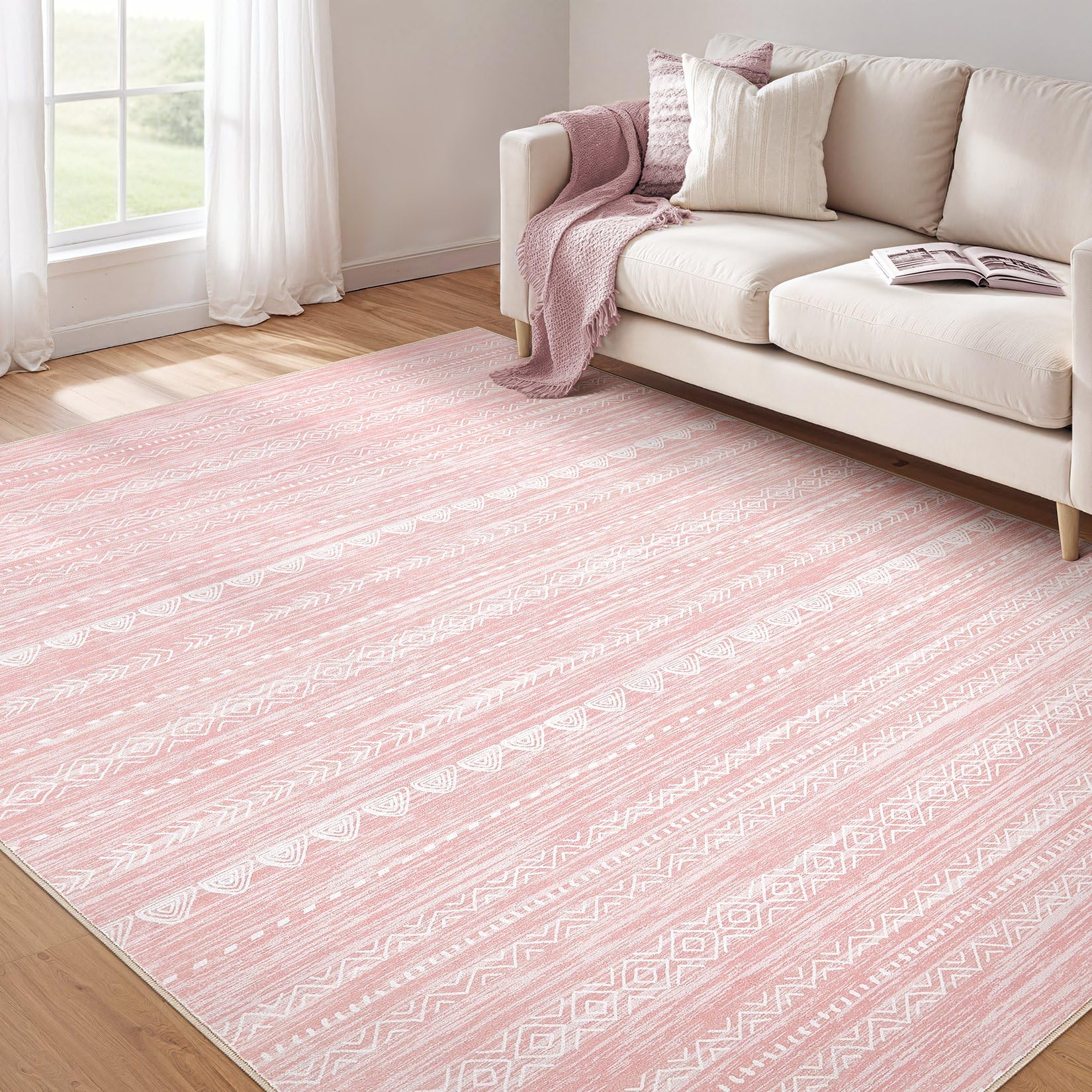 Photo 1 of Nakagishi Pink Rugs for Bedroom Girls: 5x7 Washable Boho Large Neutral Area Rug Cute Soft Modern Indoor Floor Non Slip Accent Carpet for Living Room Nursery Kids Playroom Dorm Preppy Baby Room Decor