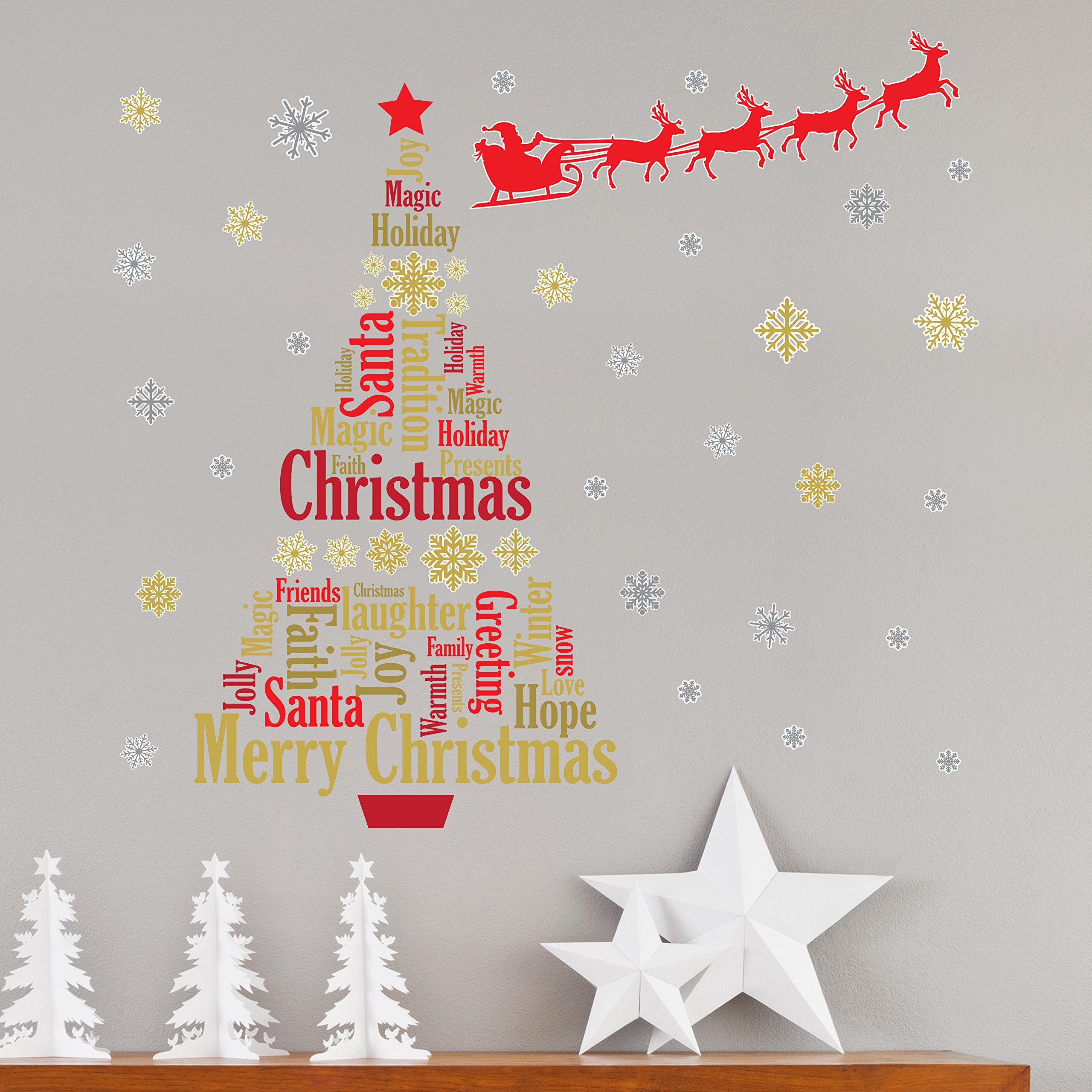 Wallflexi Christmas Decorations Wall Stickers "Santa's Sleigh with English Quotes Christmas Tree" Wall Murals Decals living Room Children Nursery School Restaurant Cafe Hotel Home Office Décor, multicolour