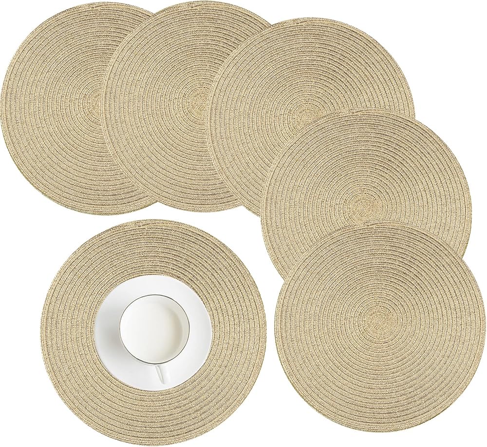 HEYOMART Round Placemats Set of 6 38cm Glitter Braided Woven Heat Resistant