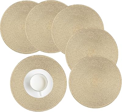 HEYOMART Round Placemats Set of 6 38cm Glitter Braided Woven Heat Resistant