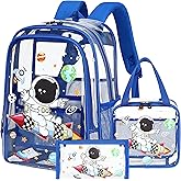 AO ALI VICTORY Clear Backpack for Boys Girls,15.6 Inch Kids Backpack Set with Lunch Bag Pencil Case PVC Elementary Bookbag for School Students See Through Transparent Travel Back Pack,Blue Astronaut