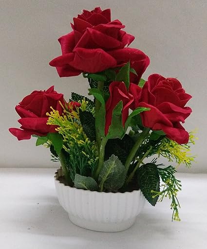 Ethnic Karigari Decorative Beautiful Indoor Natural Looking Red Roses Flower Vase for Office, Drawing Room and Corner Shelves and Living Room