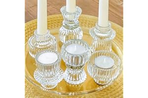 Kate Aspen Dual Sided Vintage Ribbed Glass Clear Candlestick Holders, Pillar Candle, Reversible Tealight & Votive Candle Holders (Set of 6, 3 Sizes), Dining Table Decor, Shelf Decor, Centerpiece